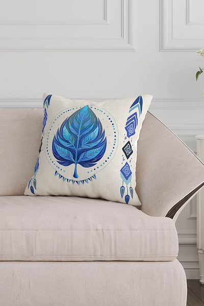Sakallı Husă de pernă decorativă cu imprimare digitală, cu model de frunze albastre etnice boeme