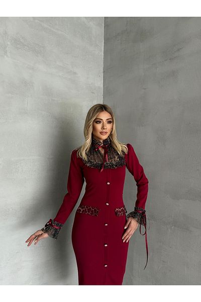 1Moda1Tarz Γυναικεία εισαγόμενη υφασμάτινη κορδέλα Λεπτομέρεια με μοτίβο λεοπάρ Λεπτομέρεια με κουμπιά με επένδυση Φόρεμα ειδικής σχεδίασης