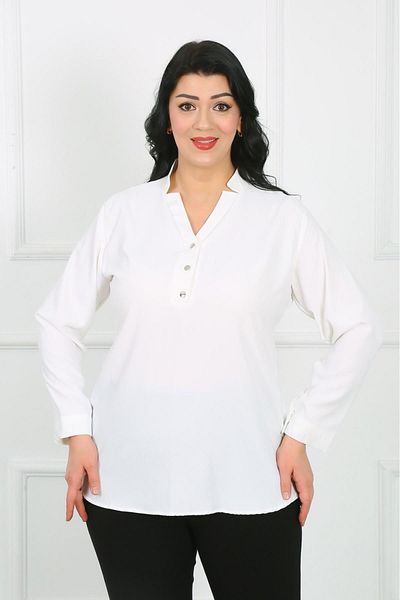 By Alba Collection Women's White V-Neck Dubai Fabric Plus Size Shirt