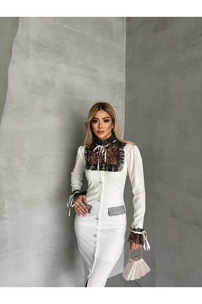 1Moda1Tarz Γυναικεία εισαγόμενη υφασμάτινη κορδέλα Λεπτομέρεια με μοτίβο λεοπάρ Λεπτομέρεια με κουμπιά με επένδυση Φόρεμα ειδικής σχεδίασης