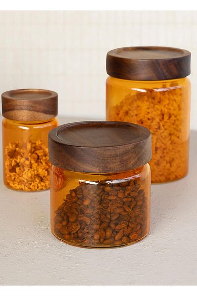The Mia Acacia Round Glass Jar Amber 500 ml