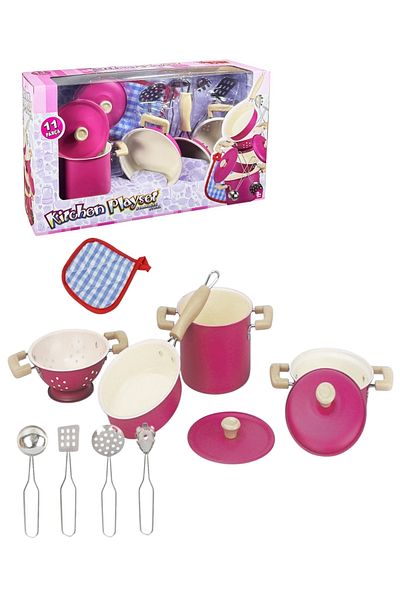 TUENGİ STORE 11 Pieces Pink Dollhouse Kitchen Play Set - Realistic Steel Pots and Pans