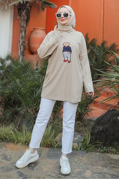 Bestenur Asiya Oversize Embroidered Bear Tunic 1335 - Stone Hooded