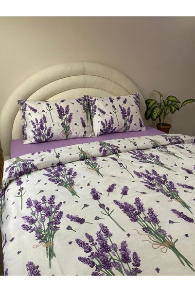 GİNETEKS Double Duvet Cover Set Purple Lavender Pattern 4 Pieces with Fitted Sheet