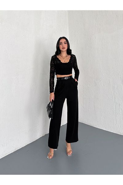 winmoda Belted and Front Pleated Trousers / Women's Twist Fabric Trousers Loose Cut