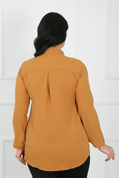 By Alba Collection Women's Mustard V-Neck Dubai Fabric Plus Size Shirt