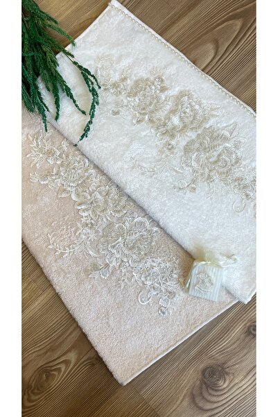 Acurmans 2'li Çeyizlik Havlu (Krem,Kapicino Verona Desen Fransız aplik üzerine Boncuk el işlemeli dantel )