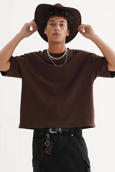 Tarz Cool Ανδρικό μπλουζάκι καφέ Oversize Crew Neck 100% βαμβακερό