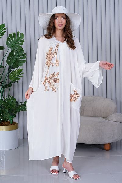 AYASOFYA OTANTIK Women's White Lurex Embroidery Detail Oversize Loose Shirt Dress