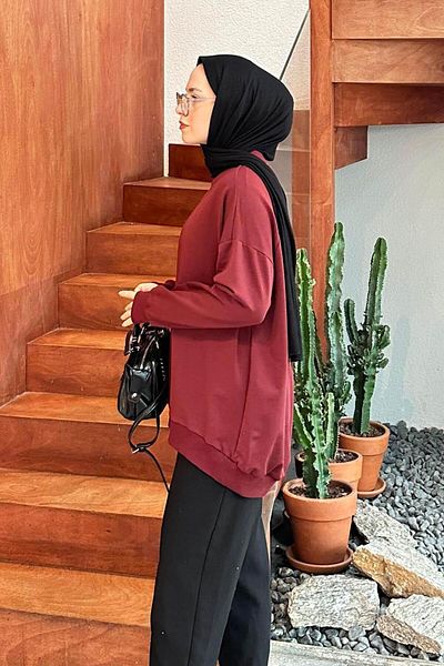 lamelif Claret Red Oversize Sweatshirt - Label Detailed