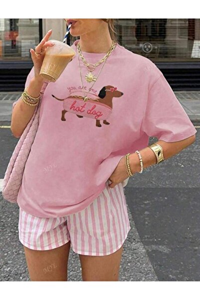 NO 601 Γυναικείο χτενισμένο βαμβακερό μπλουζάκι με ροζ χοτ ντογκ με στάμπα Ov...