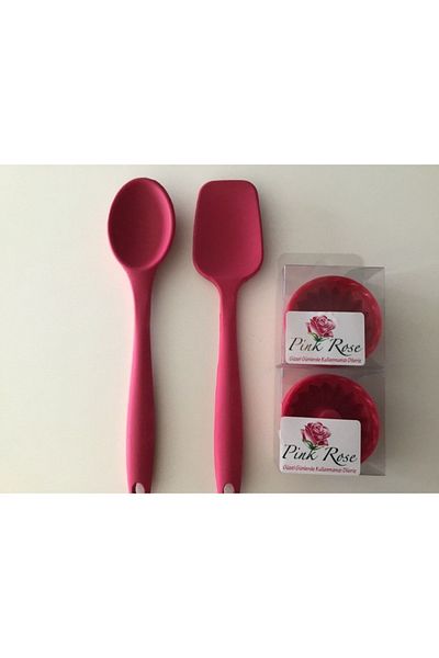 PİNK ROSE Large Size Silicone Spoon + Spatula + Muffin Mold Set of 3