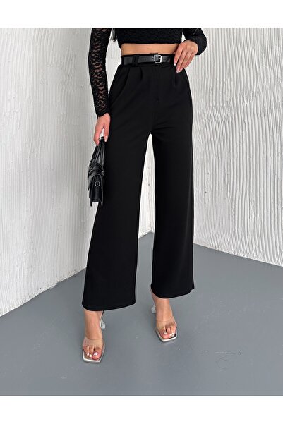 winmoda Belted and Front Pleated Trousers / Women's Twist Fabric Trousers Loose Cut