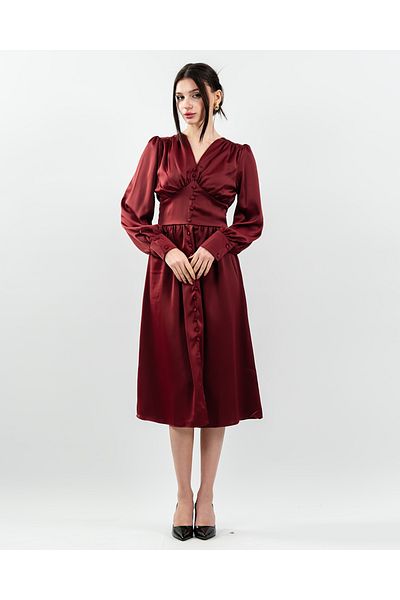 maf collection Women's Burgundy Front Gathered Button Detailed Satin Evening Dress
