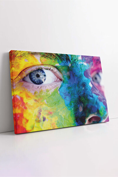 KOSS Dijital Pictură pe pânză premium orizontală decorativă, cu față pictată în culori vibrante și ochi albaștri, portret uman în apropiere