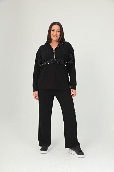 Esina Women's Modal Fabric Pipe Leg Hooded Tracksuit Set with Stone Detail