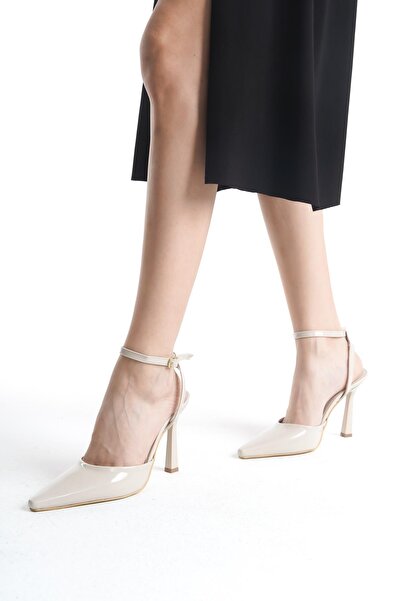 Bak Store Beige Patent Leather Women's Heeled Shoes Stiletto 10 cm