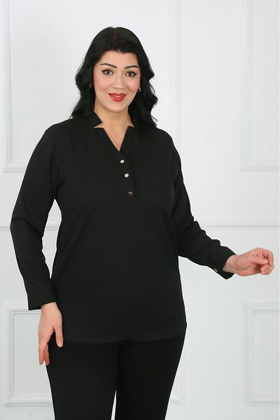 By Alba Collection Cămașă neagră de damă cu decolteu în V din țesătură Dubai