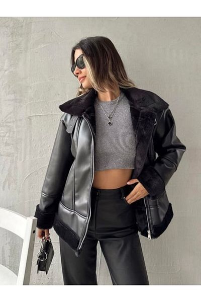VESS MODA Schwarzer heller Biker-Ledermantel mit Fellinnenseite