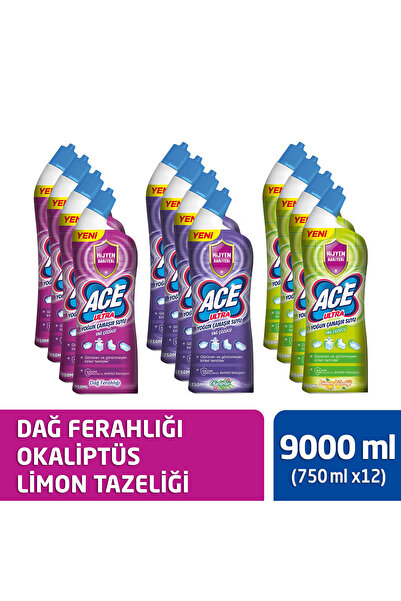 ACE Ultra Power Jel Kıvamlı Çamaşır Suyu Limon + Dağ Tazeliği + Okaliptus 810 Gram X 12 Adet
