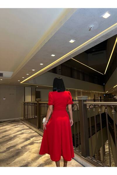 vuvutasarım Scuba Crepe Fabric Short Balloon Sleeves Women's Midi Evening Dress 583151