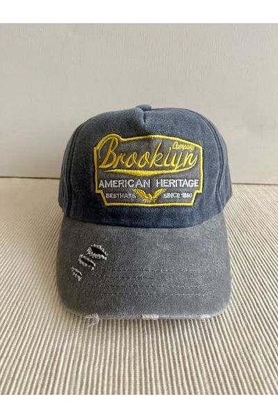 CosmoOutlet Brooklyn Embroidered Washed Vintage 100% Cotton Back Adjustable Grey-Navy Cap