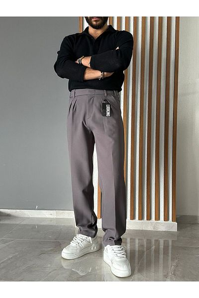 LA 1 END Long Tongue Detailed Pleated Baggy Fabric Trousers