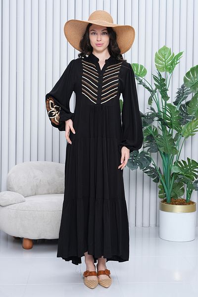 AYASOFYA OTANTIK Women's Black Authentic Embroidery Detailed Button Closure Placket Neckline Long Sleeve Long Dress