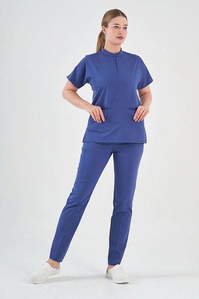 Owlet Medikal Scrubs din Lycra albastru închis cu fermoar