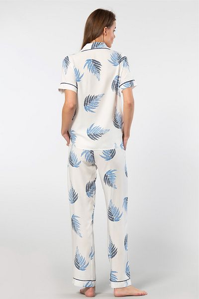 TÜREN Women's Viscose Pajamas Set - Front Button, Leaf Print, Short Sleeve, Shirt Neck