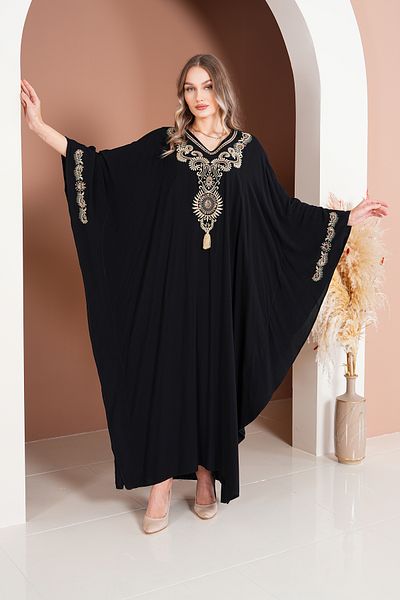 AYASOFYA OTANTIK Women's Black Ethnic Embroidery Detailed Oversize Loose Dress