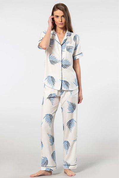 TÜREN Women's Viscose Pajamas Set - Front Button, Leaf Print, Short Sleeve, Shirt Neck