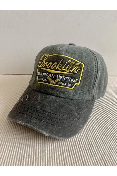 CosmoOutlet Brooklyn Embroidered Washed Vintage 100% Cotton Adjustable Back Black-Khaki Hat