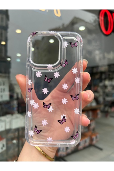 OVADA İphone 16 Pro Uyumlu Kamera Koruma Çerçeveli Kelebek Ve Çiçek Desenli Şeffaf Kılıf