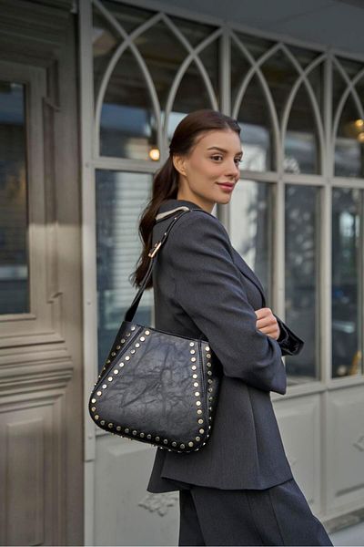 Madamra Schwarze Troked Hand- und Umhängetasche für Damen