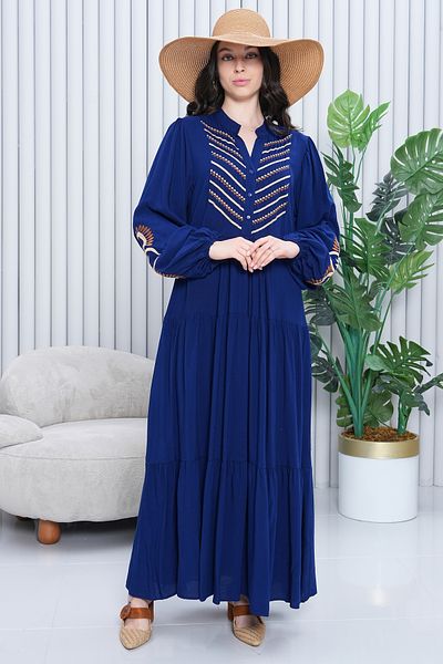 AYASOFYA OTANTIK Rochie lungă cu mânecă lungă, albastru bleumarin, cu broderie autentică, cu închidere cu nasturi, cu decolteu cu plăcuțe