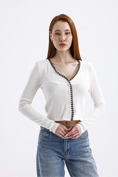 Miss Murem Cream Colored Flower Patterned Buttoned Cardigan