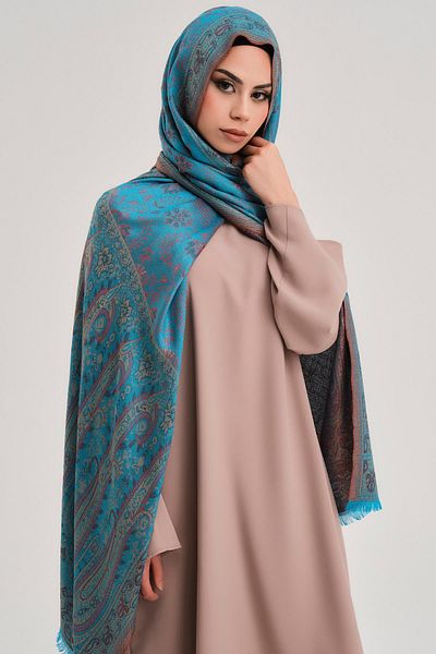 ELF PRIVE Turquoise Ethnic Cashmere Woven Shawl