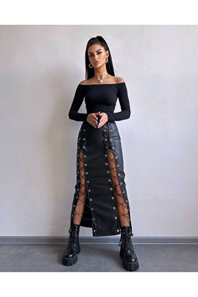 Miss Beyoğlu Siyah maxi boy iplik detaylı deri etek ve madona yaka body