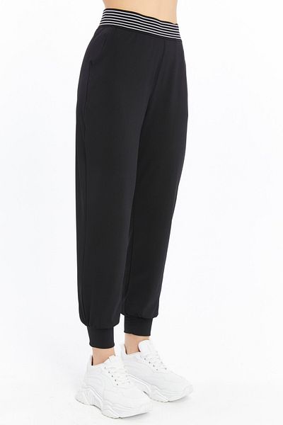 Grenj Fashion Pantaloni de sport negri cu talie înaltă, cu dungi din cauciuc