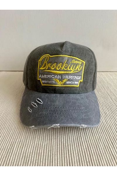 CosmoOutlet Brooklyn Embroidered Washed Vintage Model 100% Cotton Adjustable Back Grey-Black Hat