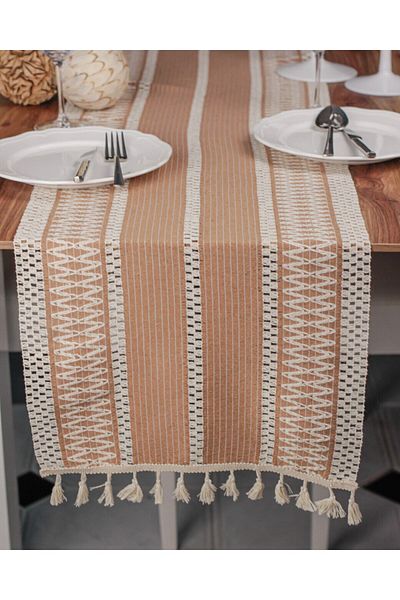 Zethome Runner Bumbac Dantela Bej Runner cu ciucuri, prezentare Husa Dantela Bej 35x155 Cm