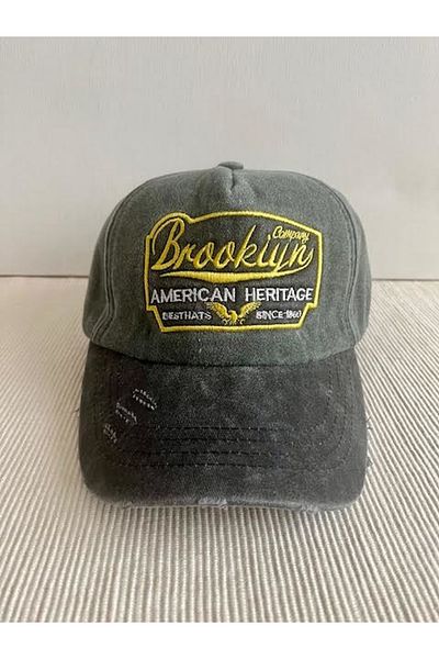 CosmoOutlet Brooklyn Embroidered Washed Vintage 100% Cotton Adjustable Back Black-Khaki Hat