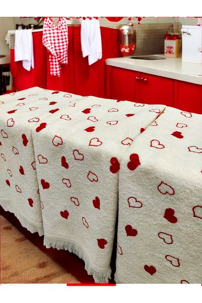 CNR Garden 40X60 cm Printed Hand and Face Towel Set - 3-Piece Heart Fringed Kitchen Towel
