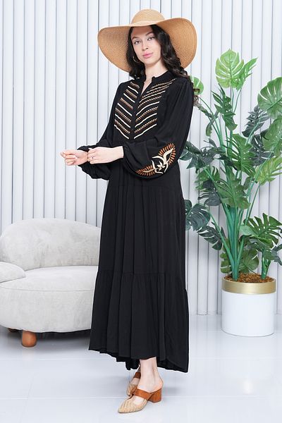AYASOFYA OTANTIK Women's Black Authentic Embroidery Detailed Button Closure Placket Neckline Long Sleeve Long Dress