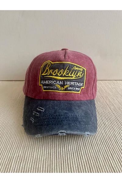 CosmoOutlet Brooklyn Embroidered Washed Vintage Model 100% Cotton Adjustable Back Navy Blue-Burgundy Hat