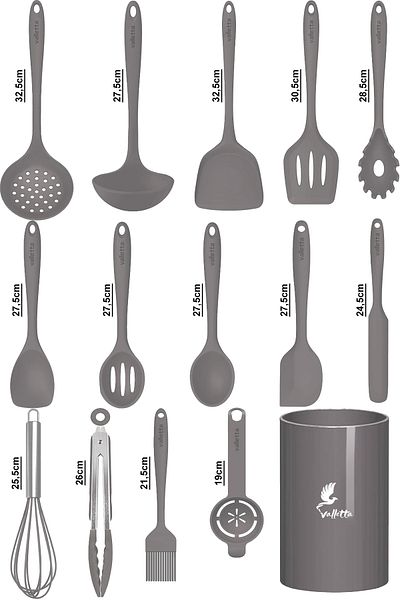 valletta Trigona 15-Piece Gray Silicone Spatula Set - Heat-Resistant, Fireproof and Non-Stick