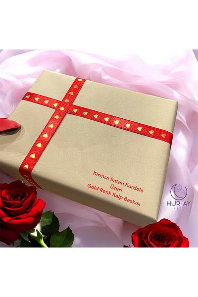HUR-AY PACK 1.5cm Wide Red Satin Ribbon - Gold Heart Printed, 3 Meter Ribbon