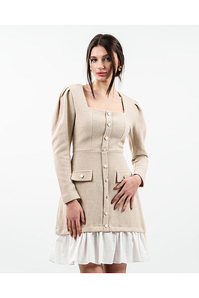 maf collection Γυναικείο Μπεζ Tweed Garnished Κοντό Φόρεμα Chanel