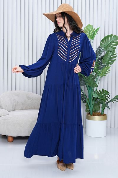 AYASOFYA OTANTIK Rochie lungă cu mânecă lungă, albastru bleumarin, cu broderie autentică, cu închidere cu nasturi, cu decolteu cu plăcuțe
